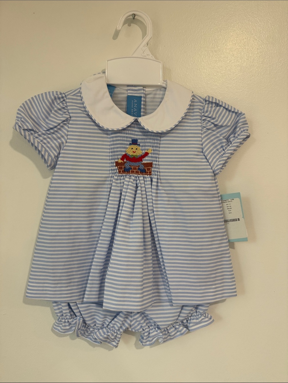 Light Blue Striped Smocked Two-Piece Set with White Peter Pan Collar